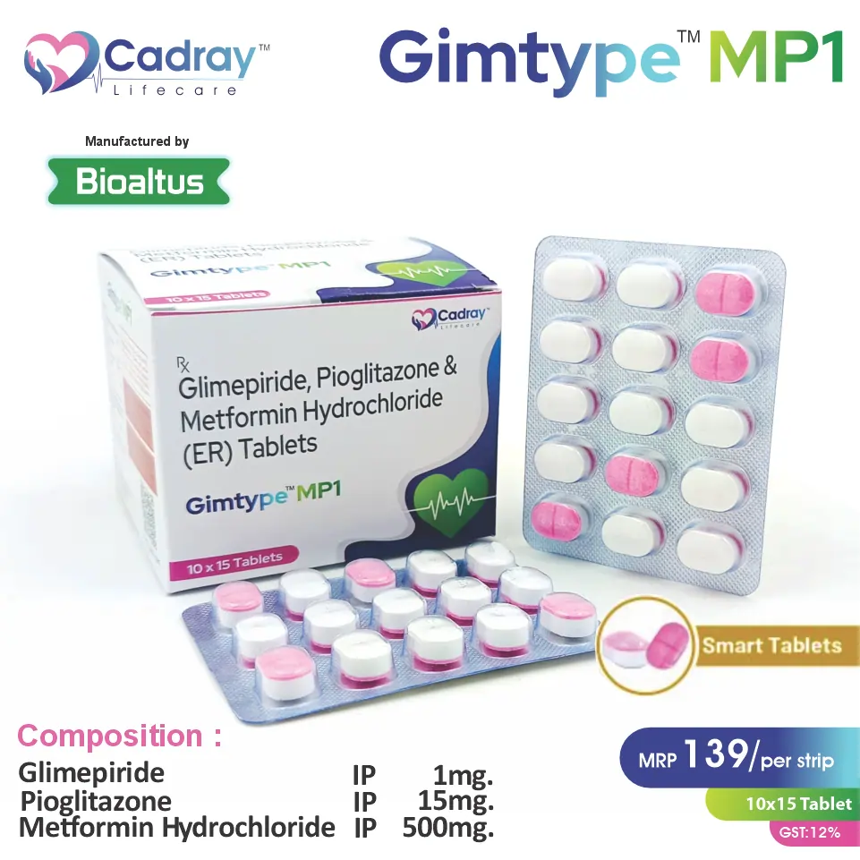 Glimepiride 1mg + Metformin 500mg + Pioglitazone 15mg Tablet for diabetes care | Best price for PCD Pharma Franchise | WHO-GMP certified